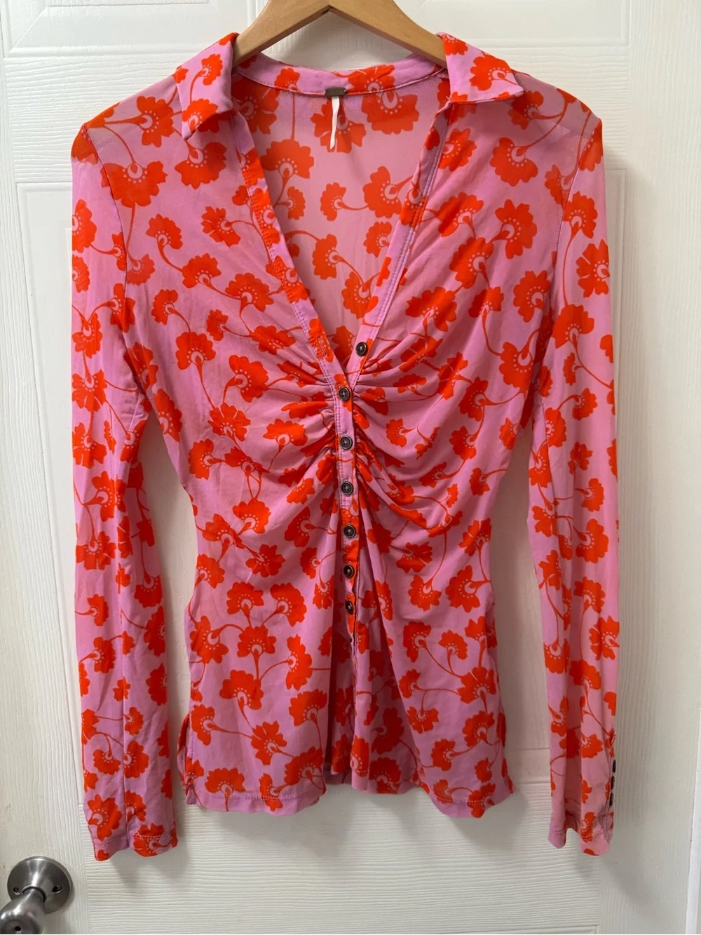 Free People Pink Button-Down Top with Red Floral Print